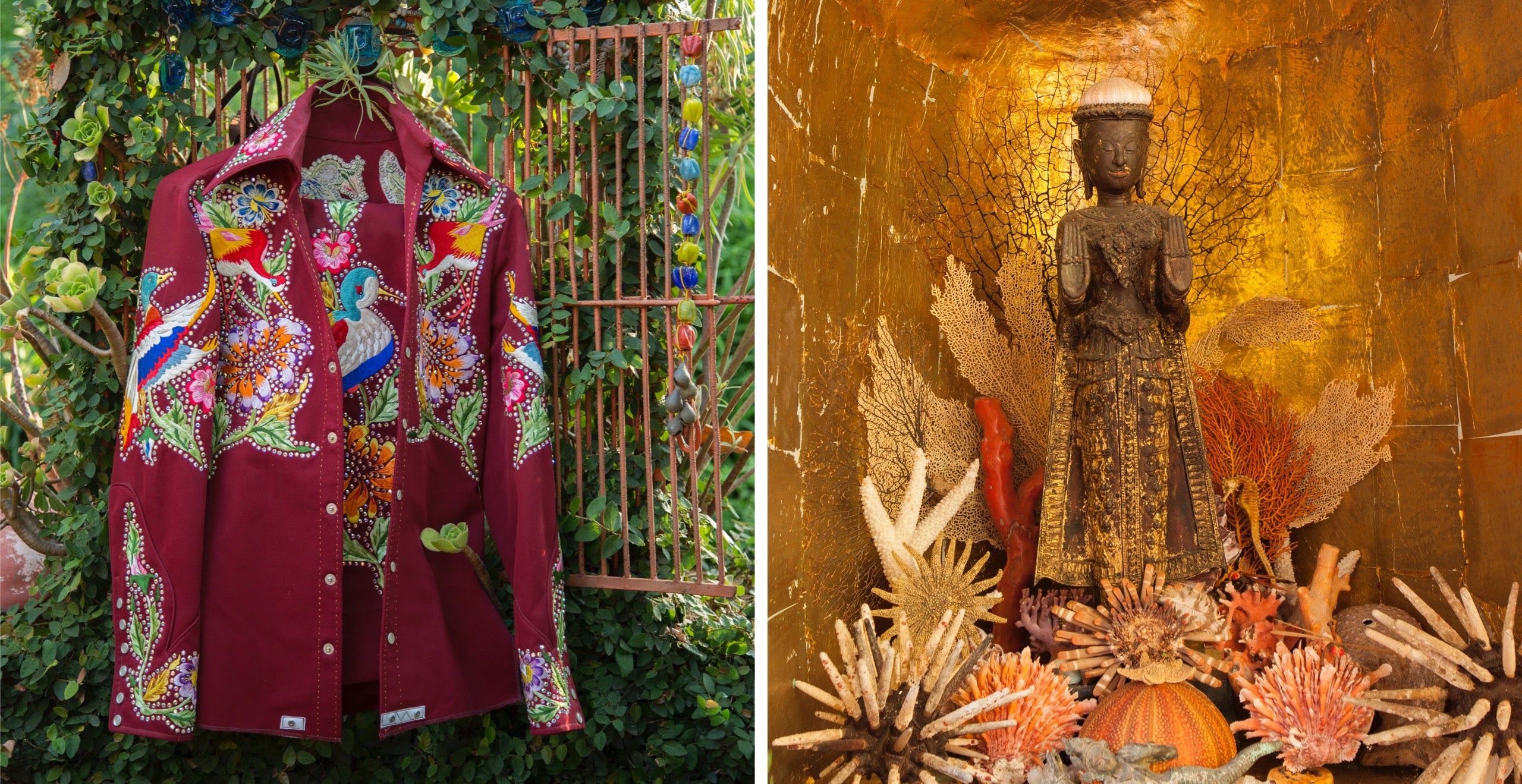 Left to right: Inspired by her Wyoming roots, one of Lisa Eisner&rsquo;s rodeo shirts designed by the legendary Nudie of Nudie&rsquo;s Rodeo Tailors of Hollywood; Floating in a gold leaf niche, Lisa&rsquo;s delicate antique Buddha, offering the gesture of peace and protection, appears to live beneath the sea surrounded by lacy seaweed, corals, and exotic shells