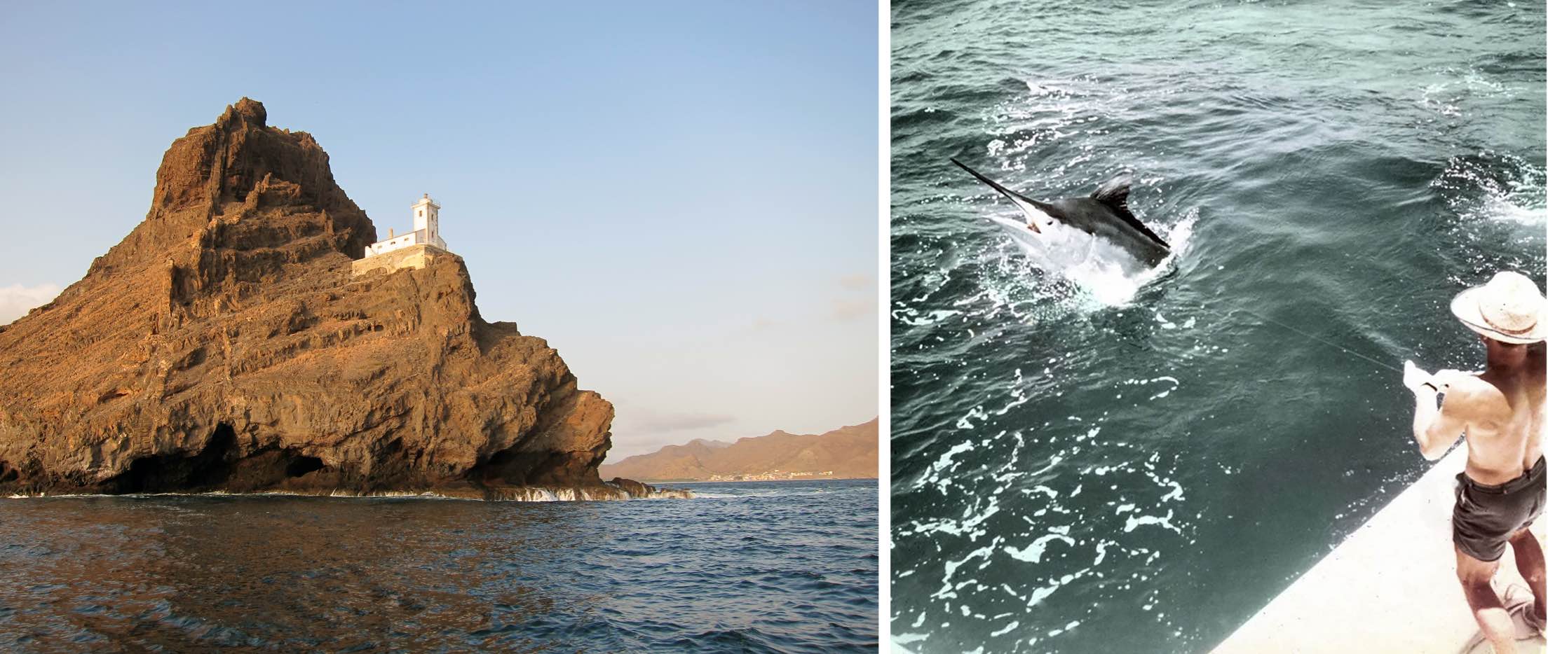       <strong>MARLIN WHISPERING</strong><br />      <span        >A shot of the Cape Verde Islands, which are located off the coast of        Senegal; Prosek&rsquo;s marlin guide, Peter B. Wright, hooking a fish in his        younger days.</span      >    