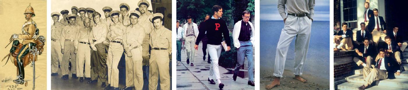                             (Left to right) British troops in India started wearing khaki in the 19th century; US Coast Guardsmen in 1940s; Princeton students captured in Teruyoshi Hayashida’s influential 1965  photo book, <em>Take Ivy</em>; an image from the Spring 1991 Polo Ralph Lauren campaign; khaki-clad Brendan Fraser, Ben Affleck, Matt Damon, and others in the 1992 film <em>School Ties</em>