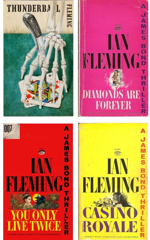 <strong>HIDDEN LIFE </strong><br/><span>From top: Fleming, in 1964, on the beach of his beloved Jamaica, where he spent much of his time; on a walk in London with his wife, Ann, who was &ldquo;casually brutal to Fleming after taking him as her third husband"; a rare first edition of &ldquo;Thunderball,&rdquo; the ninth book in the Bond series, which was published by Jonathan Cape in 1961, and the colorful Signet paperback editions, which began to appear around the same time</span>