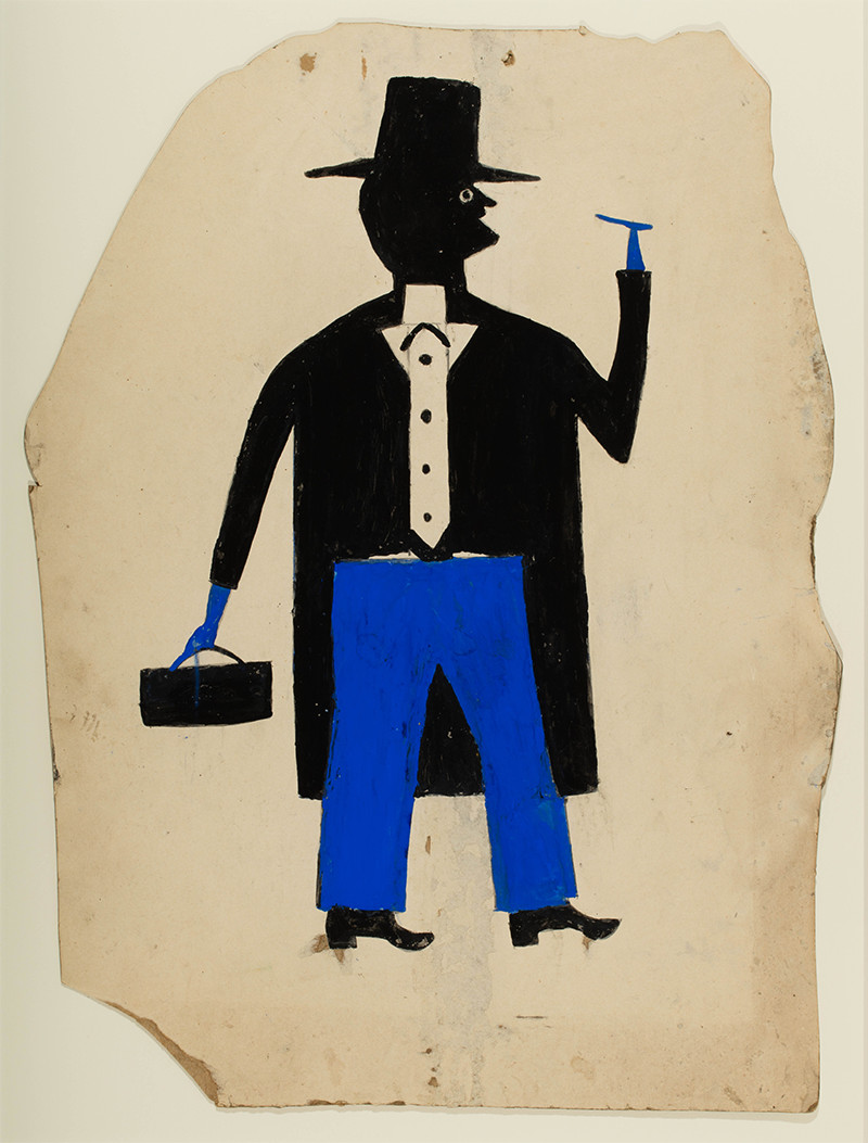 <em>Man in Black and Blue with Cigar and Suitcase</em>, door Bill Traylor, ca. 1939-1942, potlood en plakkaatverf op karton. Collectie van Jerry en Susan Lauren. Foto: Matt Flynn © Smithsonian Institution